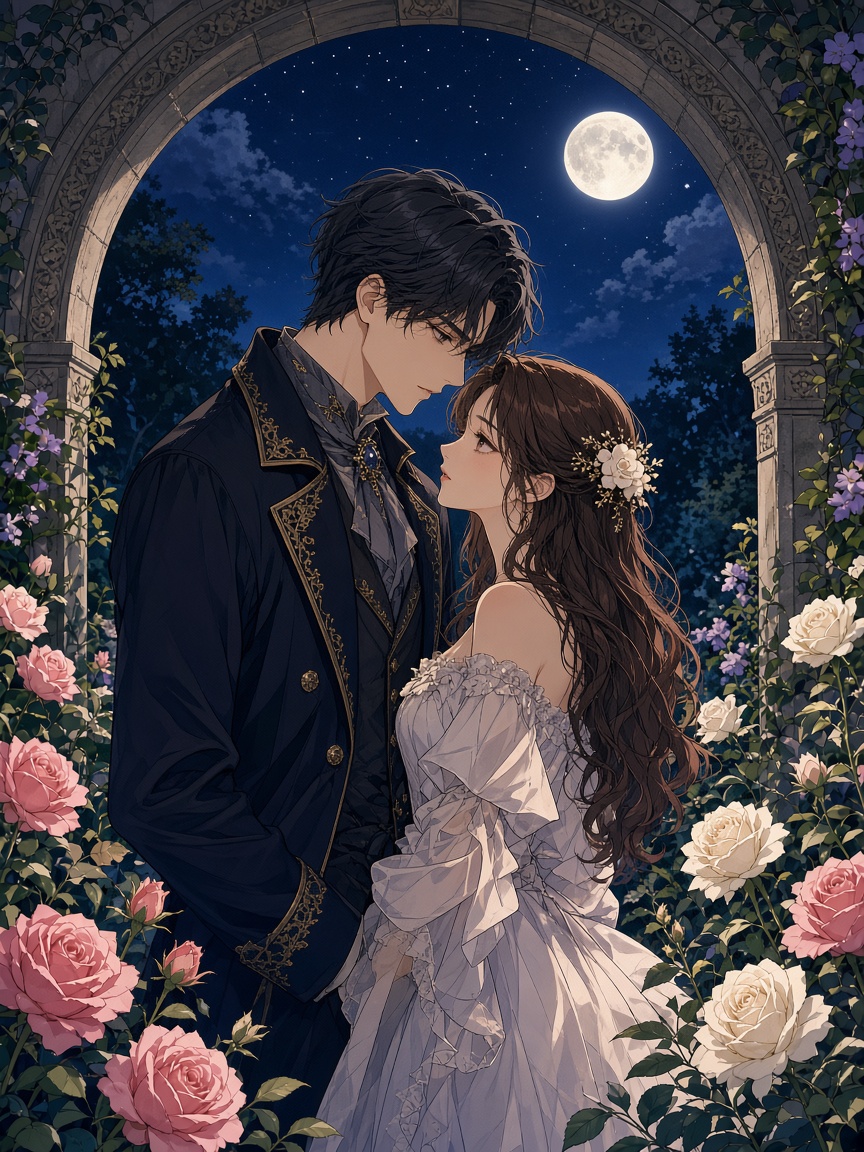 二次元插画：月门下，两个人站得很近