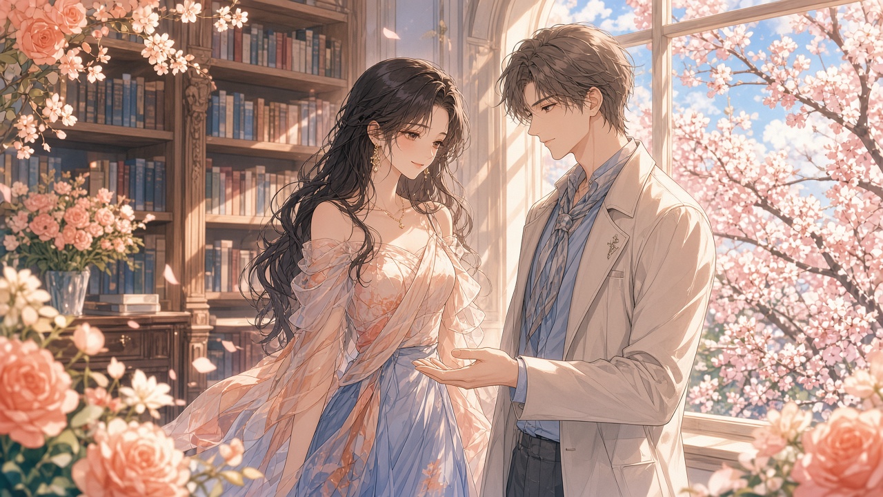 二次元插画：图书馆里，女主与男主面对面，他向她伸出手