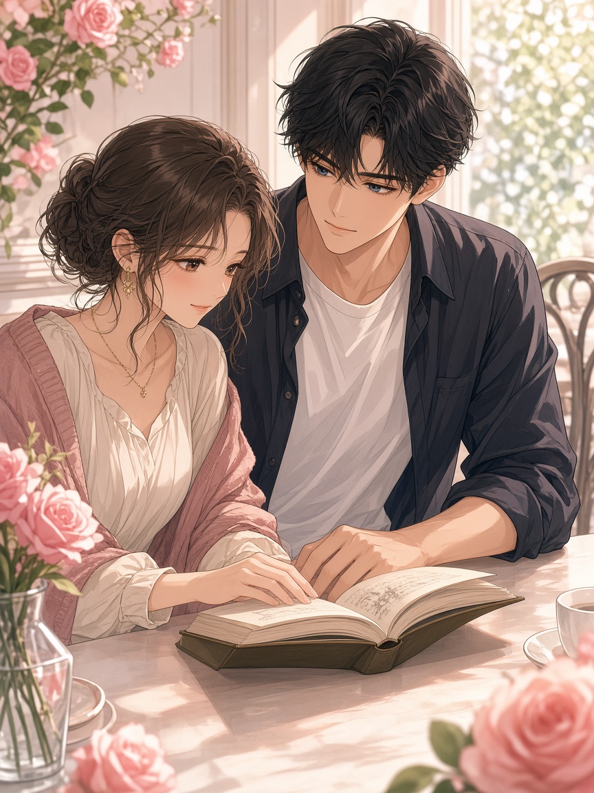 二次元插画：咖啡馆里，两个人一起看一本书